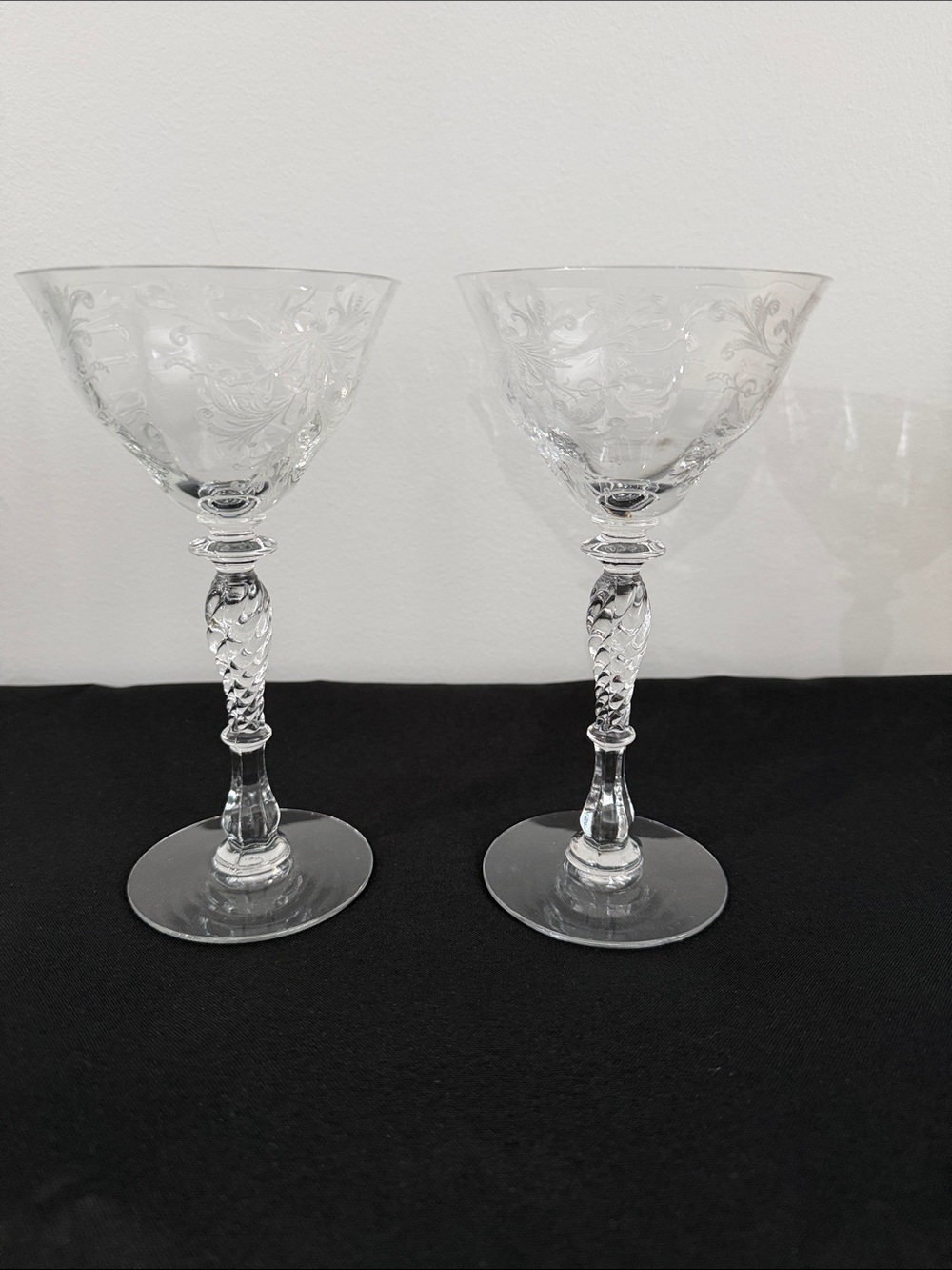Vintage Etched Crystal Wine Glasses - Clear Elegant Stemware (Set of 2)